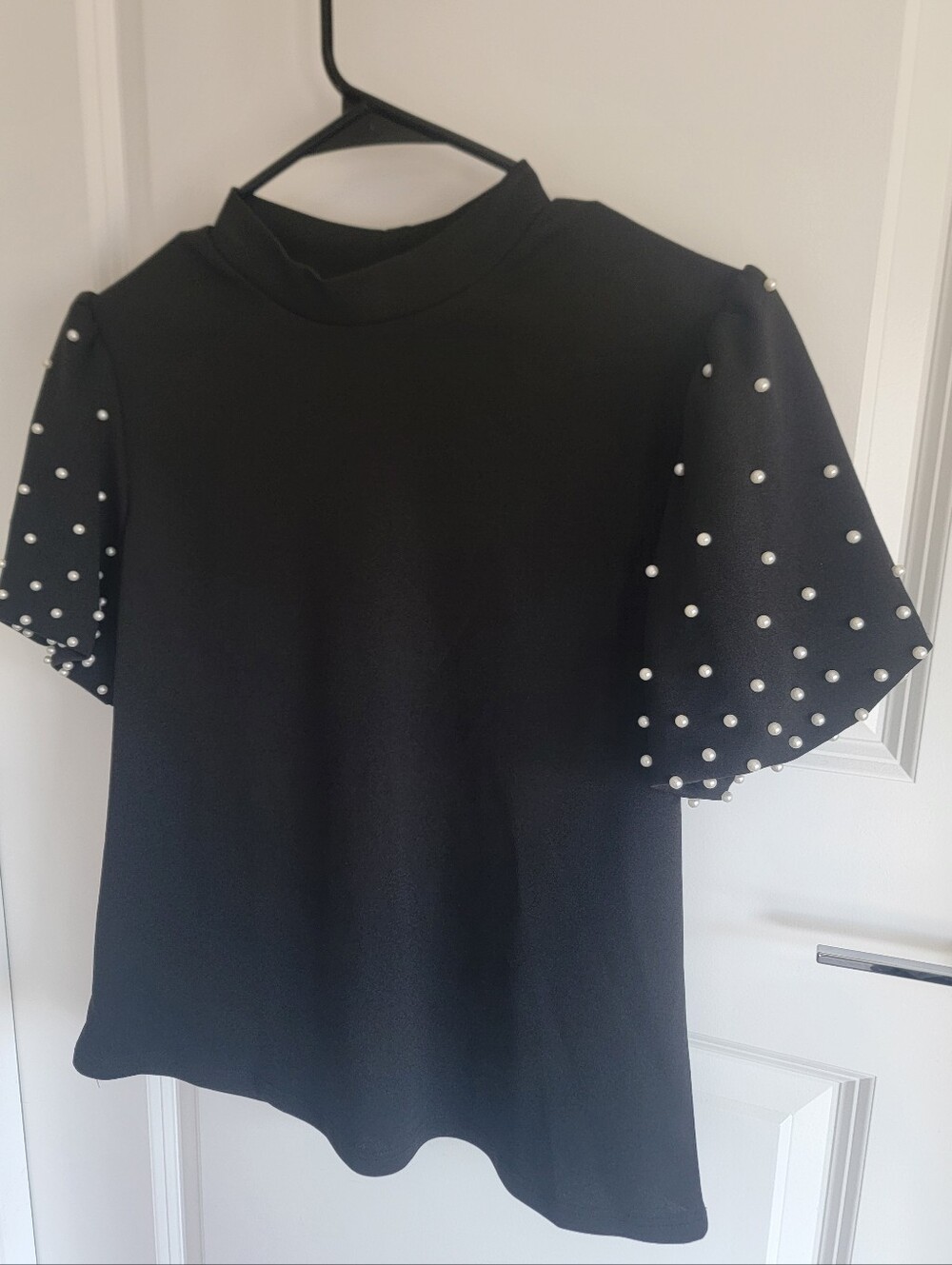 Express Black Mock Neck Pearl Embellished Puff Sleeve Top - Small NWOT